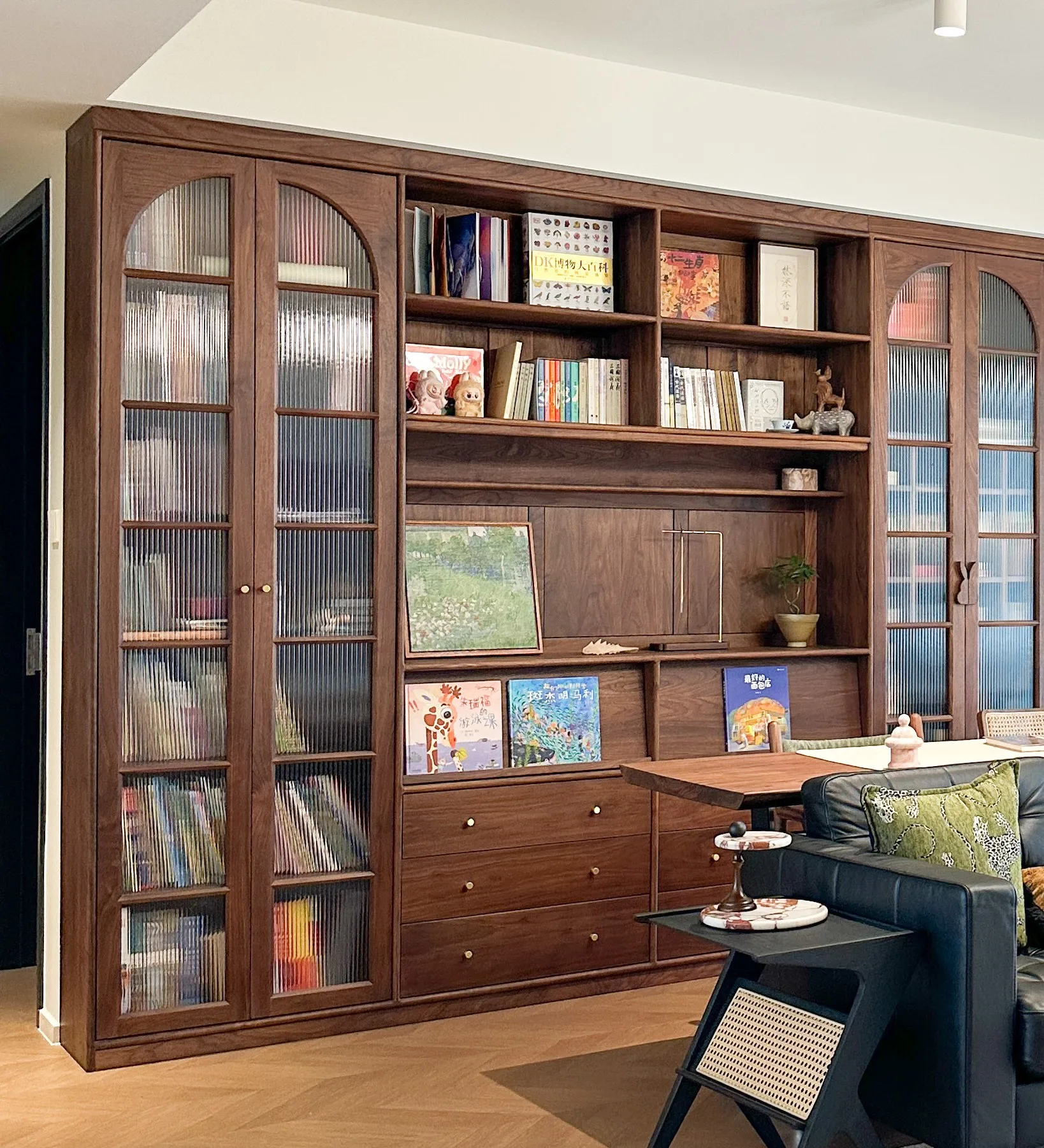 Bespoke Home Study Furniture, All in One Walnut Book Storage Cabinet and Work Desk With Arched Transparent Glass Door