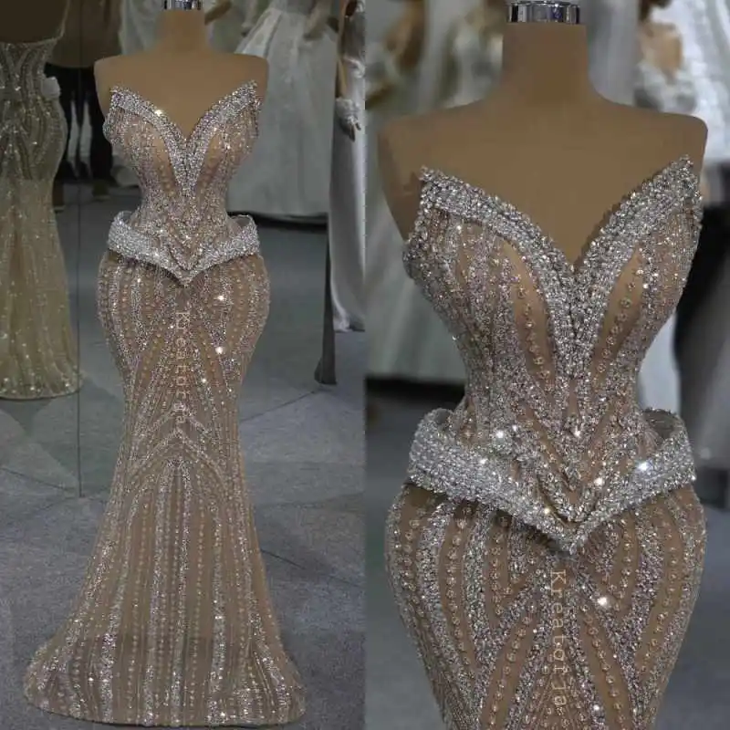 

Luxury Crystal Sequined Prom Dresses Elegant Sleeveless V Neck Evening Dress Floor Length Lace Party Gown Customized