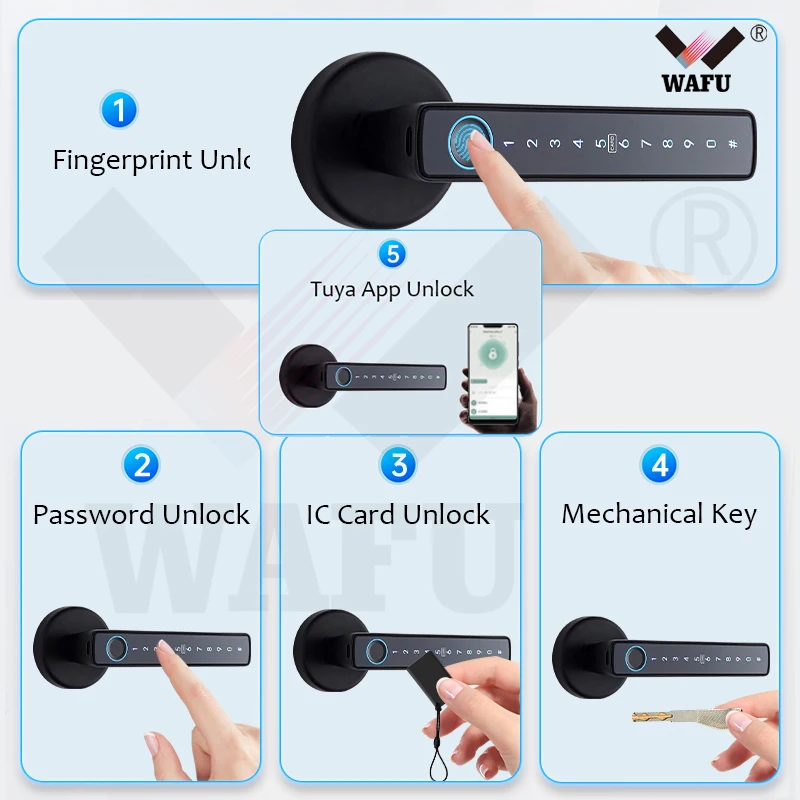 WAFU Tuya Smart Bluetooth WIFI Door Lock Fingerprint Digital Password Card NFC Key Door Lock Keyless Entry Wooden Home Door Lock