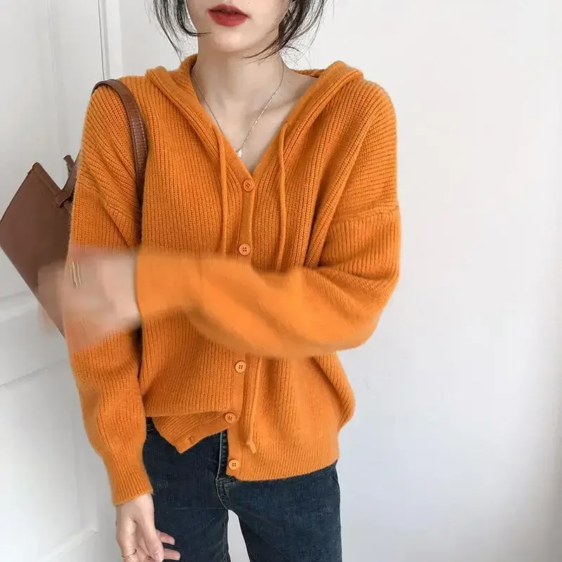 Ladies Solid Color Cardigan Hooded Chic Fashion Simple Loose Casual All-match Knitting Retro Warmth Thickening S-3XL Comfortable