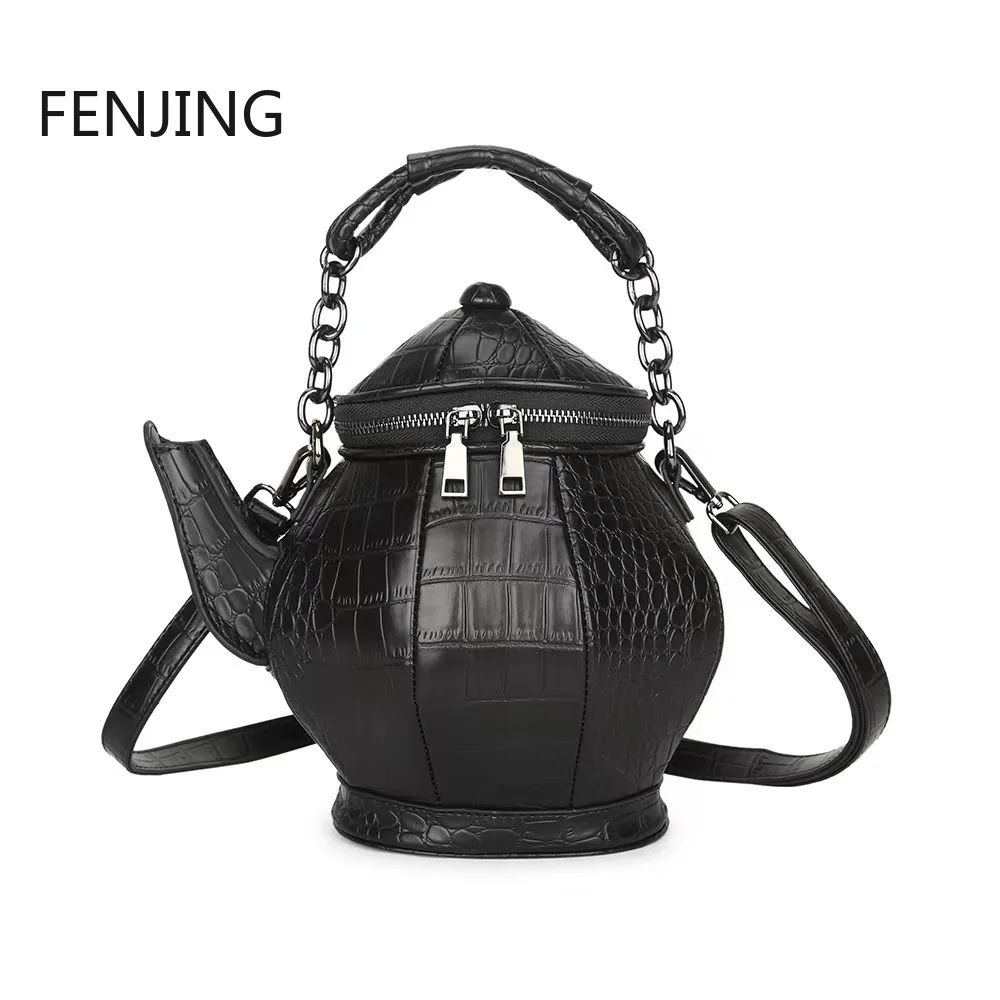 Fashion Funny Teapot Shaped Handbag Women's Stone Pattern Leather Single Shoulder Bag Gothic Personalized Party Mujer Femme Bag