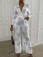 Fashion Print Lace-Up Women Jumpsuits Full Sleeve Autumn Rompers High Waist Wide Leg Pants Temperament Overall Jumpsuits