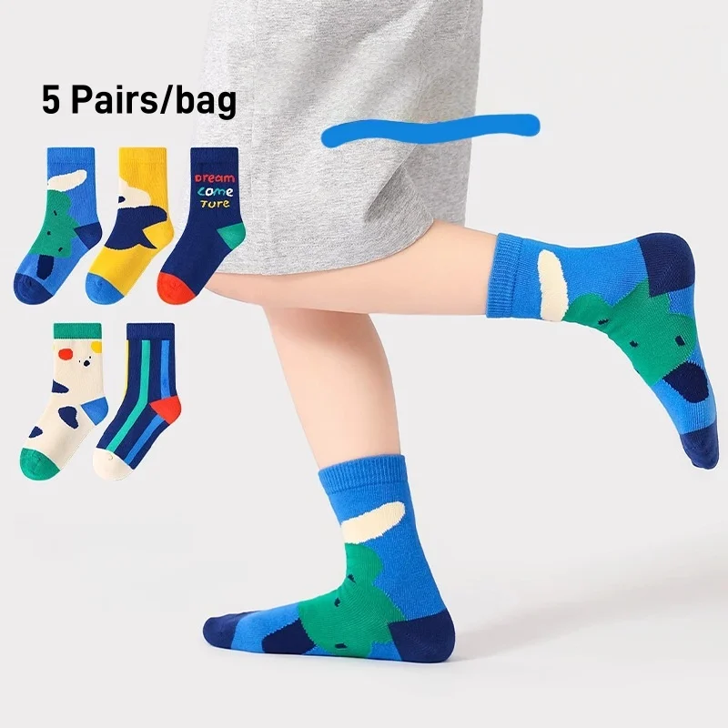 5 Paar Kinder-Crew-Socken in Kontrastfarben, 2-12 Jahre, Baumwollsocken für Jungen, weich, atmungsaktiv, Kinder-Mittellangsocken – Detail 8