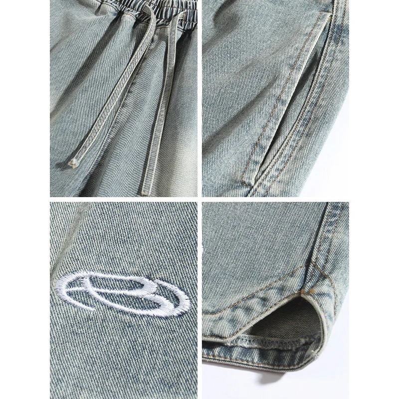 TFETTERS Celana Pendek Denim Cuci Antik Pria Pakaian Jalanan Kasual Musim Panas Celana Pendek Kargo Panjang Sedang Hem Belahan Bordir Longgar