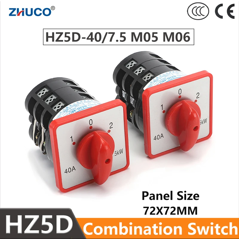 ZHUCO HZ5D-40/7.5 M05 M06 40A 7.5KW 3 Poles 12 Screws Induction Reversible Two Voltages Transfer Cam Dual Power Switch For Moter