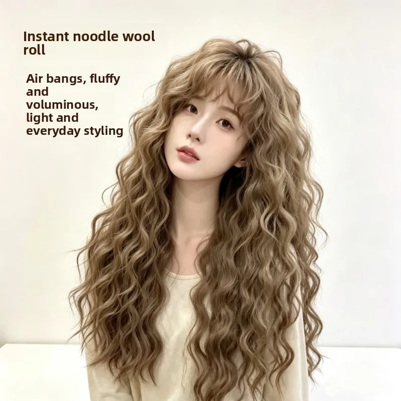 Light Brown Long Fleece Curled Synthetic Wig with Air Bangs 24 Inches Fluffy Water Wave Heat Resistant Fiber Full Wig