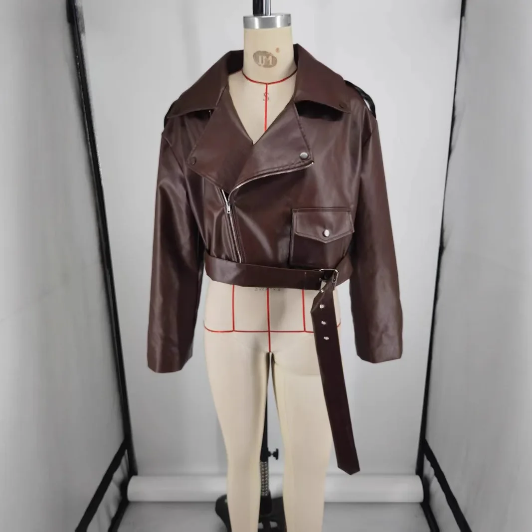 Chic High-end Faux Leathers Coats Women Lapel Short Lace-up Motorcycle Leathers Jackets Ourwear INS Brown Leather Jacket Y2K 4