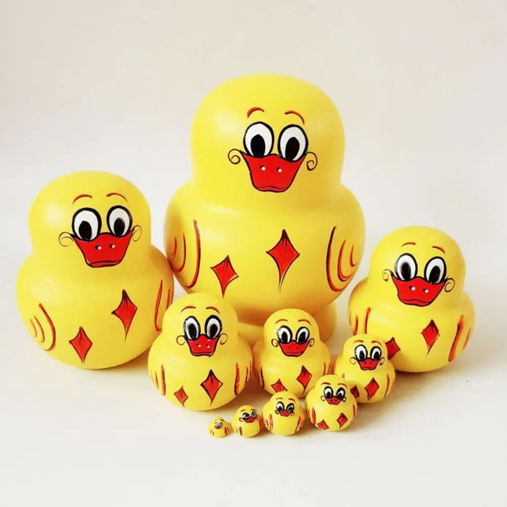 

Ornament 10 Layer Nesting Dolls Yellow Duck Wooden Matryoshka Doll Toys Cartoon Animals Pattern Stacking Dolls Kids Toy