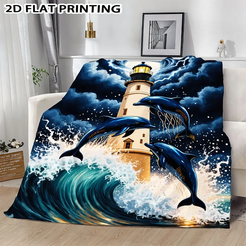 Cozy Lighthouse & Dolphin Throw Blanket, for Nap, Camping, Sofa and Bed, Contemporary Lighthouse‑Pattern Home Bedding