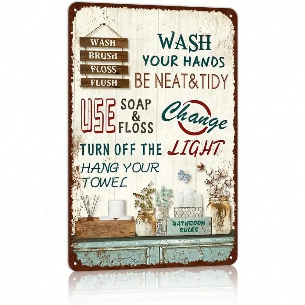 Retro Rustic Metal Wall Art - Vintage Flower Tin Sign for Bathroom, Kitchen, Country Home Decor