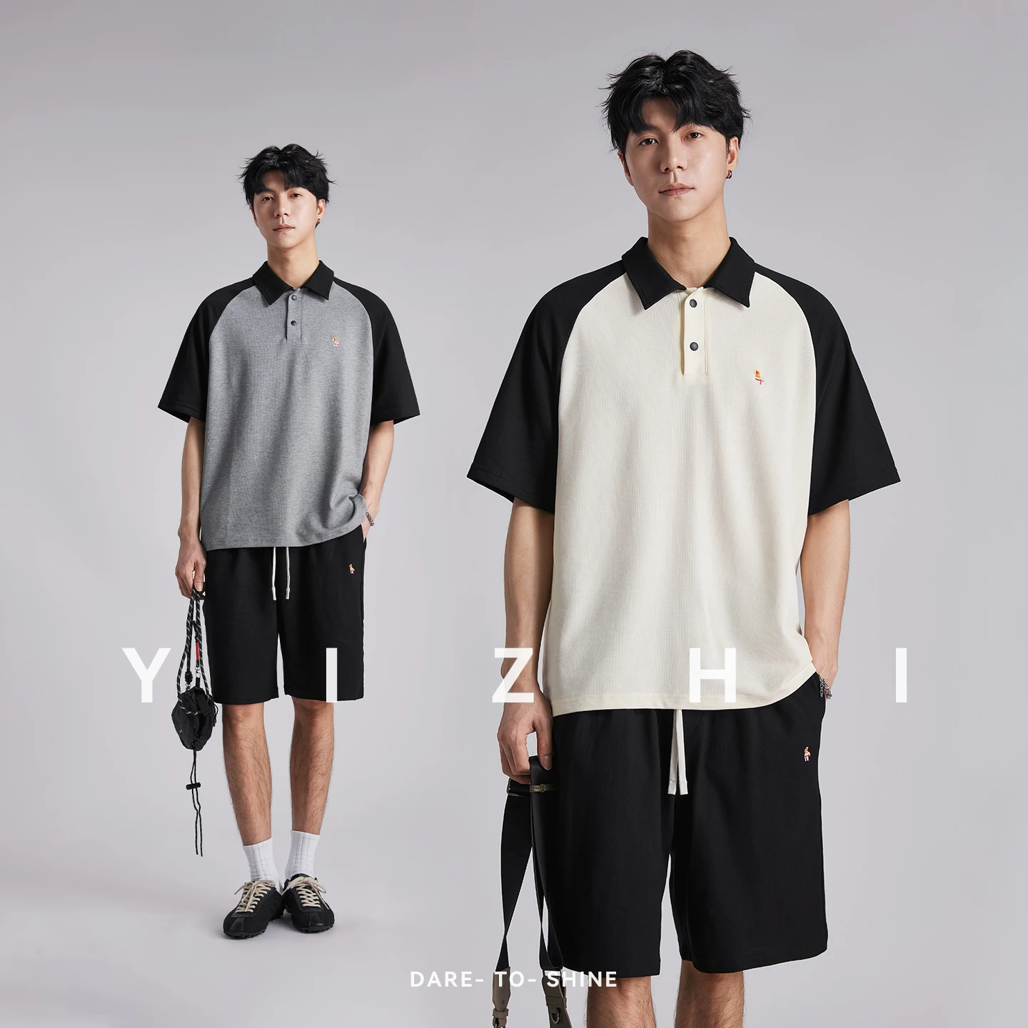 

Fashion Men's Color Block Raglan Sleeve Polo Shirt Set 2026 Summer Loose Casual Mini Logo Embroidery Two Pieces Outfit
