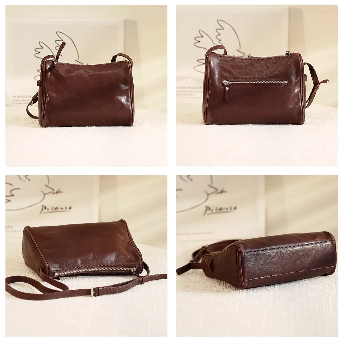 Outdoor-Tagesgepäcktasche aus Rindsleder, Damen-Umhängetasche, lässige Vintage-Designer-Handtasche aus echtem Leder, handgefertigt. – Detail 11