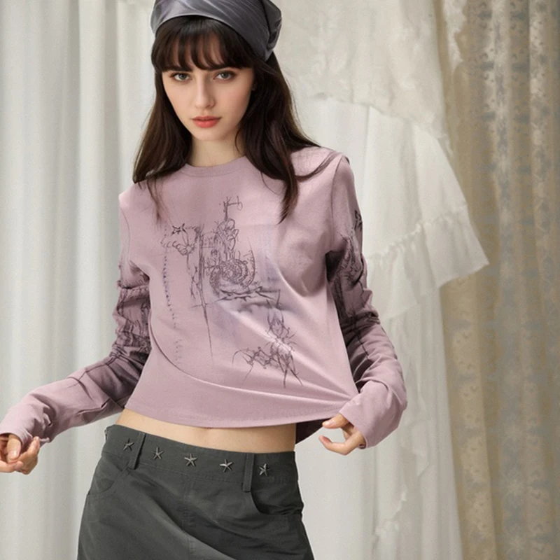 Subculture Y2k Long Sleeve T-shirt Spring 2024 Women High Street Sweet Cool Crop Top Vintage Purple Harajuku Fashion Shirts