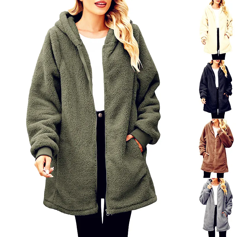 Women Causal Winter Overcoat Female Plus Sizes Hooded Pocket  Outerwear Zipper Elegant Jacket