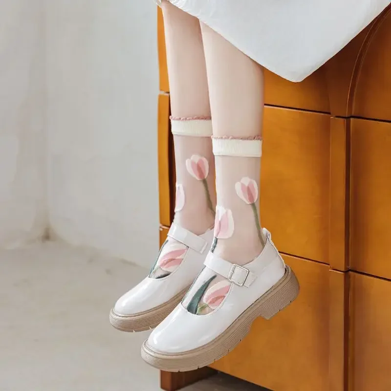 Ultra-thin Transparent Crystal Silk Socks Women Fashion Summer Harajuku Crew Socks Retro Flower Streetwear Elastic Long Socks image 6