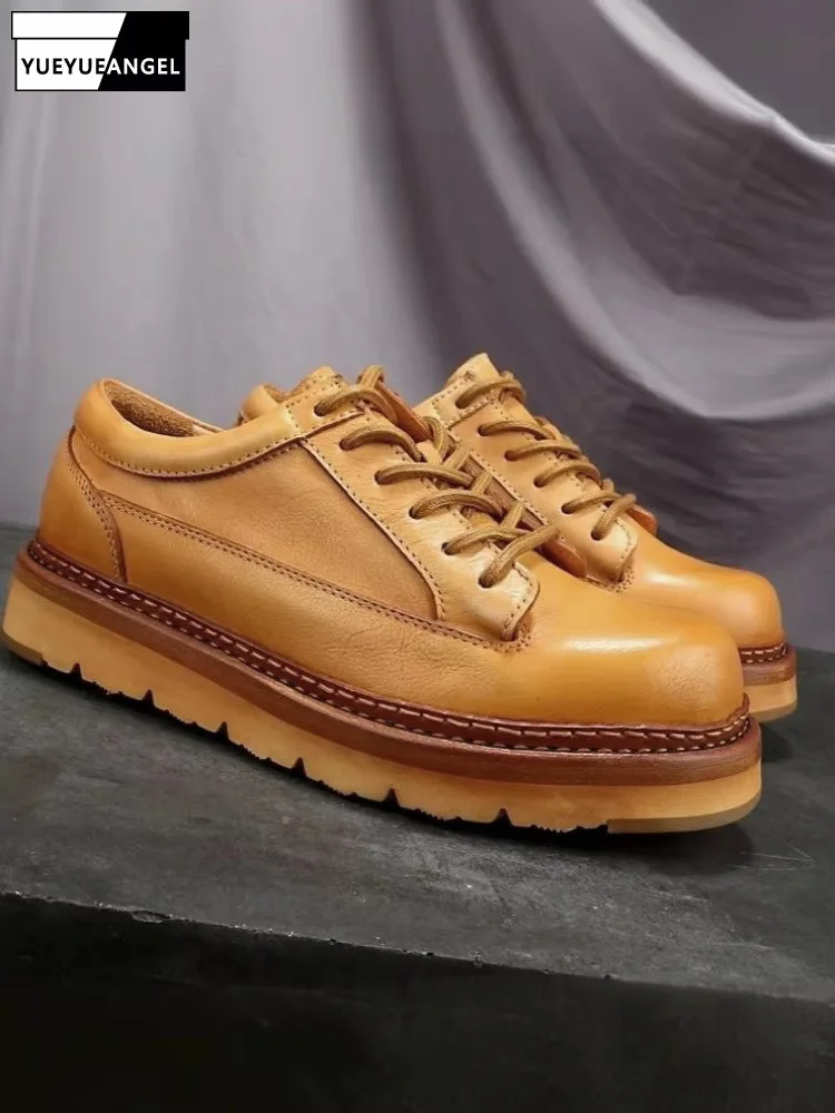 Mens Casual Shoes Lace Up Platform Shoes Cow Split Leather Handmade British Style Spring Business Vintage Office Men Derby Shoes