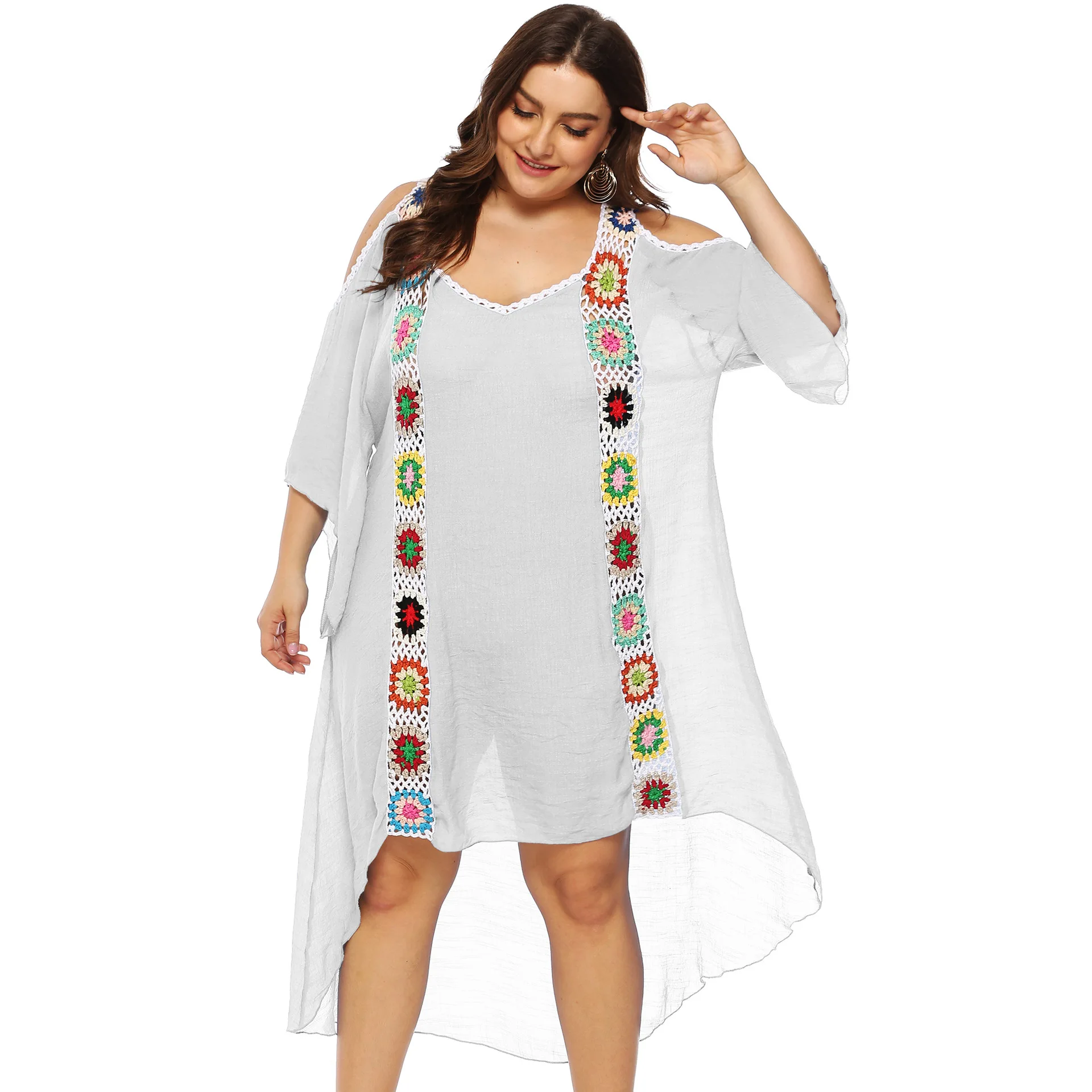 Plus Size Over-size Off Shoulder Beach Dress Women Swimwear Bikini Cover-up Strip Color Crochet Patchwork Irregular Flare Sleeve
