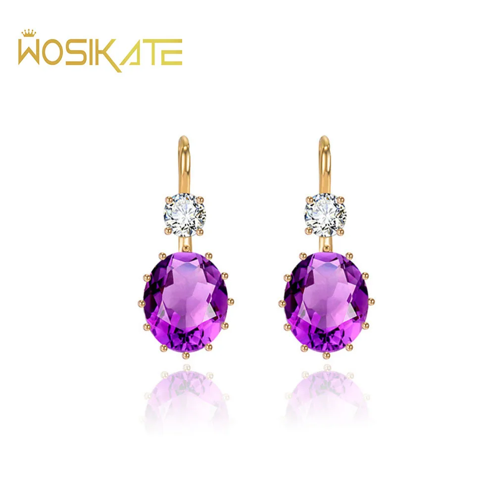 WOSIKATE Korean Oval Amethyst Purple Zircons 925 Sterling Silver 18K Gold Plated Earrings For Women 925 Jewelry Simple Ear Hooks