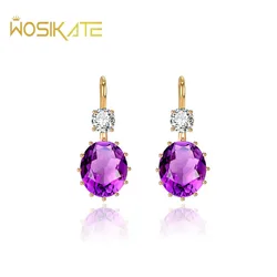 WOSIKATE Korean Oval Amethyst Purple Zircons 925 Sterling Silver 18K Gold Plated Earrings For Women 925 Jewelry Simple Ear Hooks