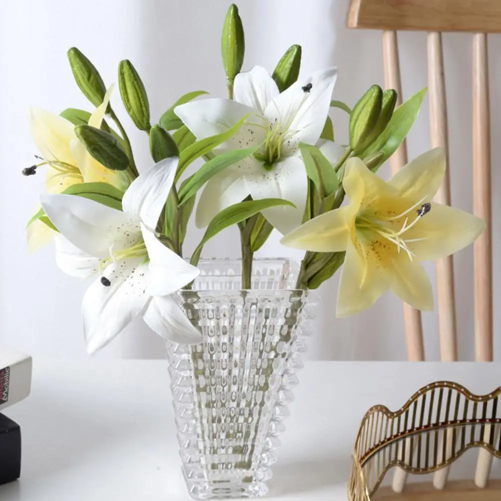 Artificial Lily Branch with Stem Green Leaves, Home Wedding Party Faux Flower Floral Arrangement, Garden Decoration Photo Props