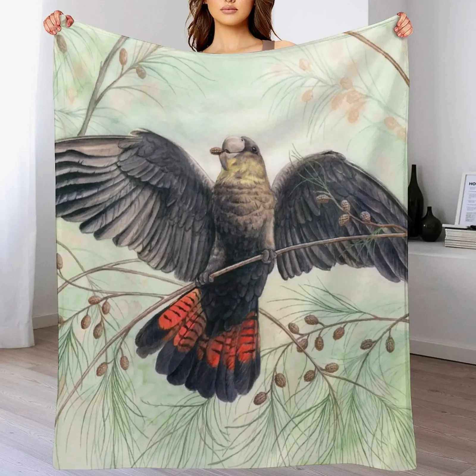 Glossy Black Cockatoo art by Nadya Neklioudova Throw Blanket Moving Bed Fashionable Blankets