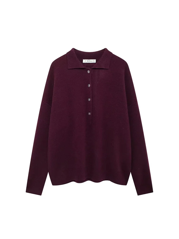 SIYANG Women Fashion Chic Button-up Knit Polo Top Female Wine Red Long Sleeve Pullovers Ladies Knitwear