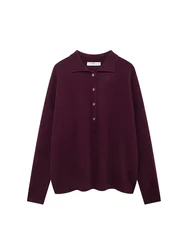 SIYANG Women Fashion Chic Button-up Knit Polo Top Female Wine Red Long Sleeve Pullovers Ladies Knitwear