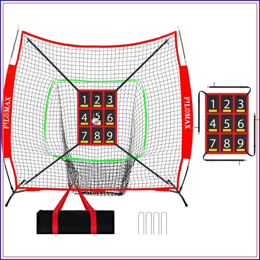 

7x7 ft Baseball & Softball Practice Net with 9 Numbered Strike Zone, PRO Training Net for Hitting, Pitching & Batting, with Carry Bag & Bow Frame for All Ages