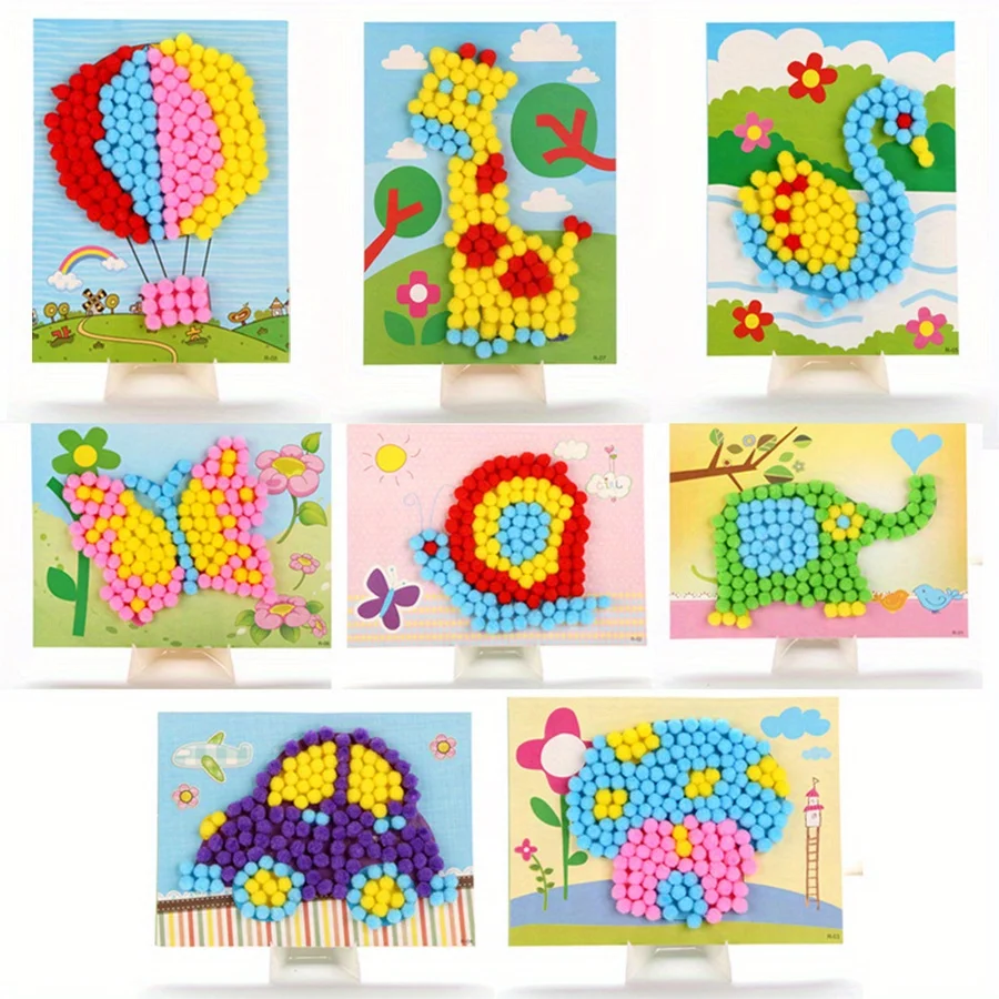 2pcs 16x21cm Colorful Pom-Pom Painting Animal Transportation DIY Art Decor Handmade Craft Painting Supplies Unique Birthday JXB
