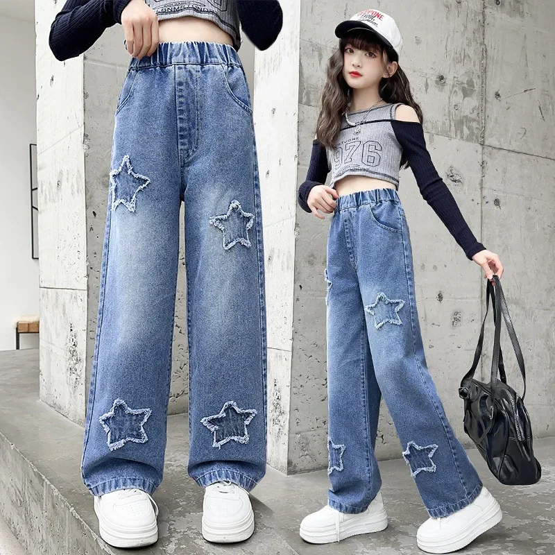 

Teenager Girls Jeans with Star Pattern Casual Fashion Kids Wide Leg Pants School Children Denim Trousers Spring Fall 8 10 12 14Y