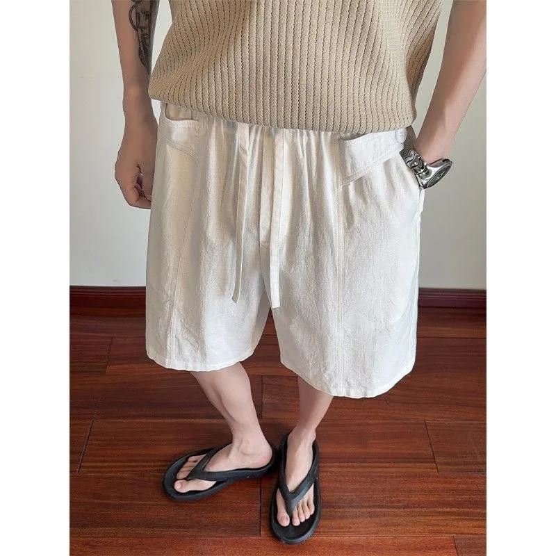 

Men High Waist Drawstring Faux Linen Five Inch Shorts Loose Old Money Casual Breathable Solid Summer Relaxed Fit Shorts