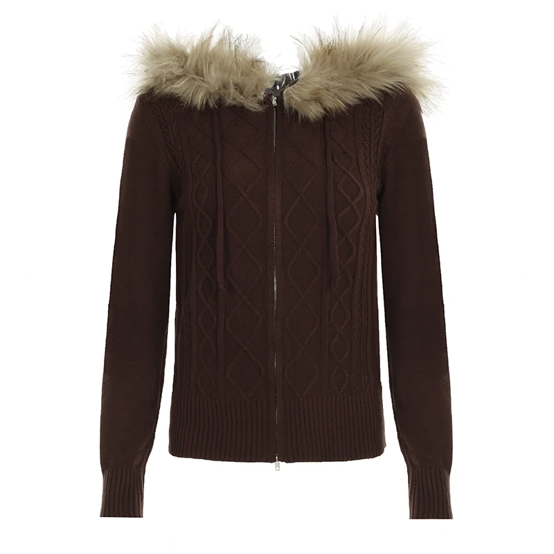 BIIKPIIK Fur Collar Hooded Casual Sweater Coats Harajuku Zipper Slim Fit Knitwear Cardigan Autumn Winter All-match Women Jumpers