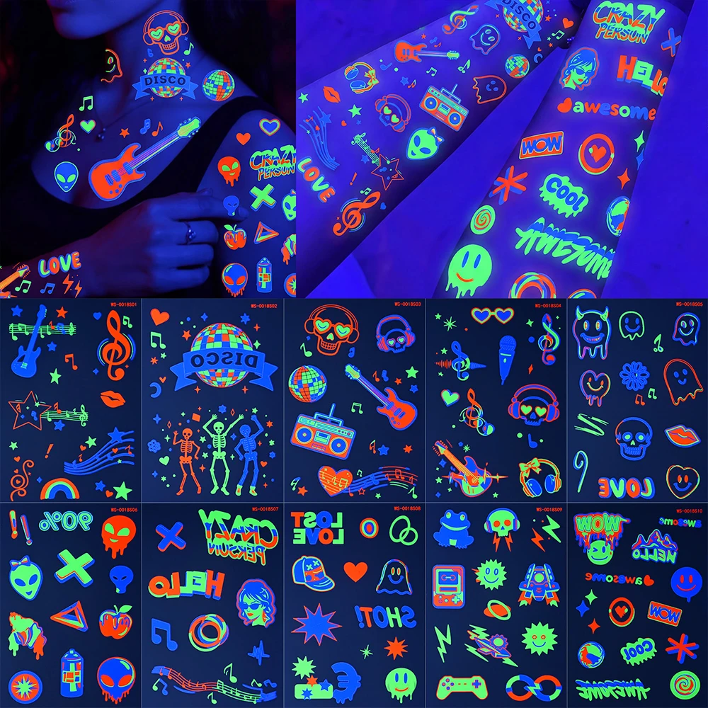 10pcs Halloween Luminous Temporary Tattoos Stickers UV Neon Fluorescent Music Festival Body Face Tattoo Sticker Party Decoration