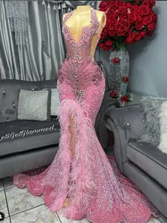 Pink Long Mermaid Prom Dresses 2025 For Black Girl Luxury Diamond Sequins Feathers Birthday Party Evening Gown Customized