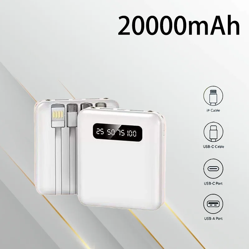 

Mini Portable Power Bank Digital Display 4 Built-in Cables Multi Ports Outdoor Emergency Charger Lightweight Compact for Travel