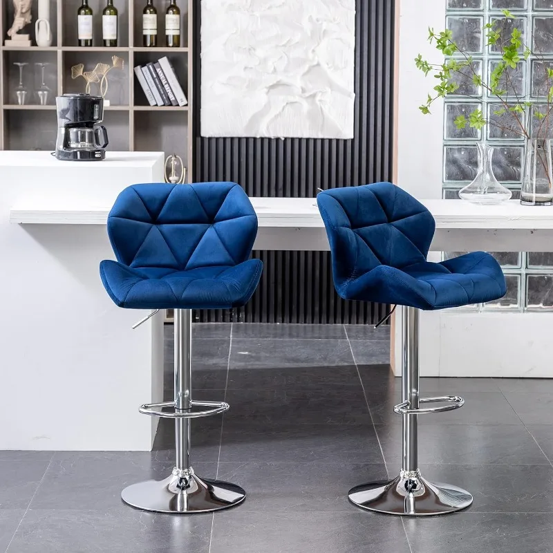 Velvet Diamond Tufted Swivel Adjustable Height Barstools, Set of 2, Blue