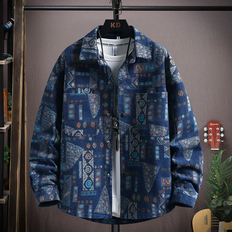 2026 Spring Autumn New Ethnic Style Printed Denim Jacket Men'S Trendy Loose Versatile Comfortable Casual Long-Sleeved Jacket