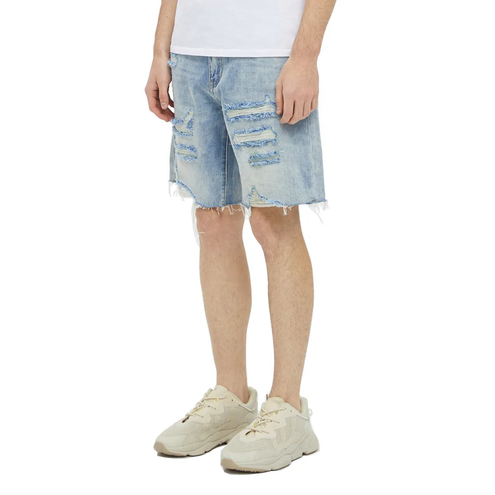Été nouvelle mode hommes décontracté à la mode ample jambe large genou longueur jean pantalon américain trou patché Denim Shorts Streetwear mâle