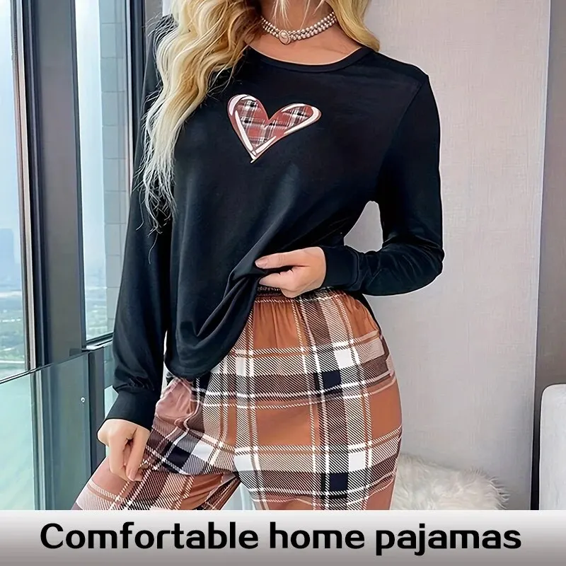 New Leisure Home Women\'s Printed Pajama Set Women\'s Long Round Neck Top and Printed Checkered Pants Home Pajama Set