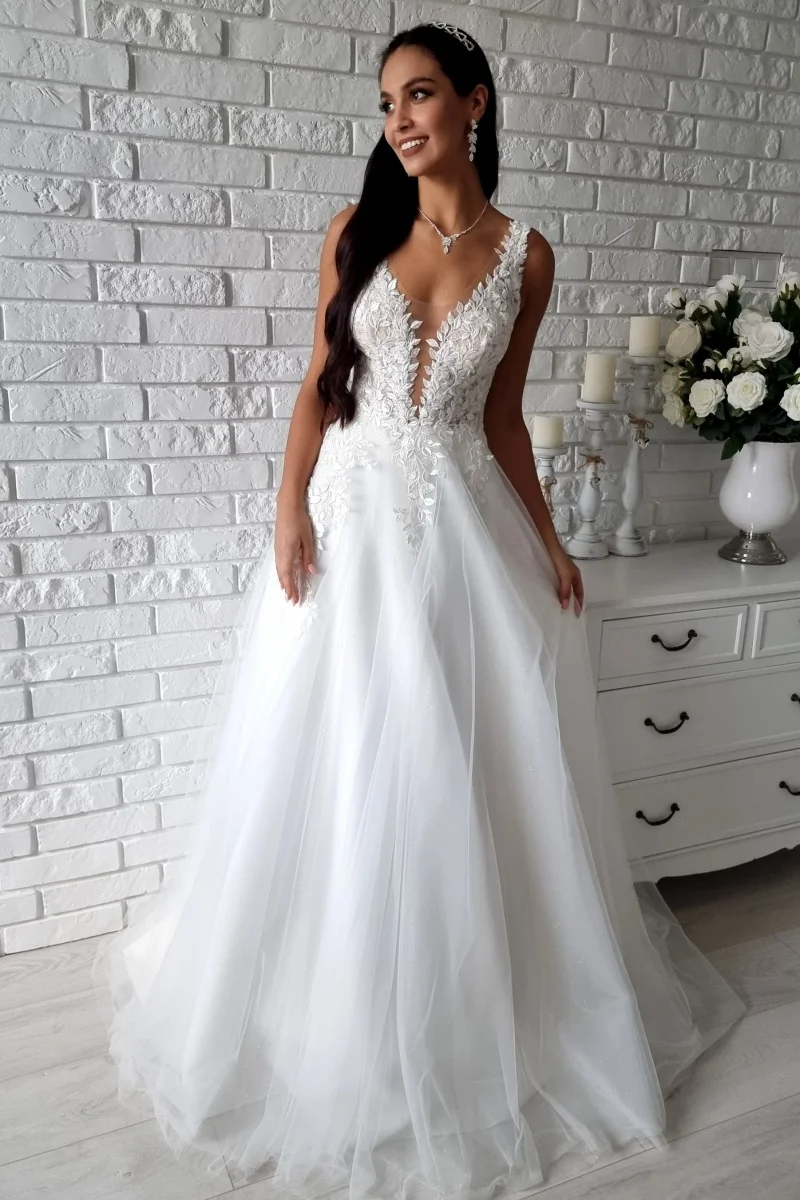 Affascinanti abiti da sposa con scollo a V in pizzo con applicazioni da sposa Grown A Line Custom Made 2026 Vestido De Noival