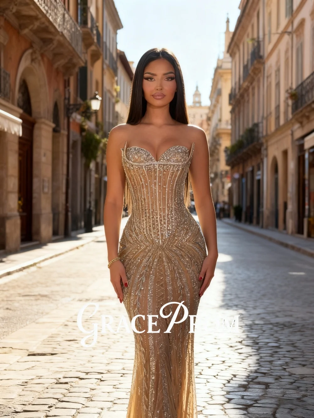 

GraceProm Champagne Crystal Evening Dress Romantic Strapless Mesh Floor-Length Party Gown Formal Slit A-Line Carpet Gown