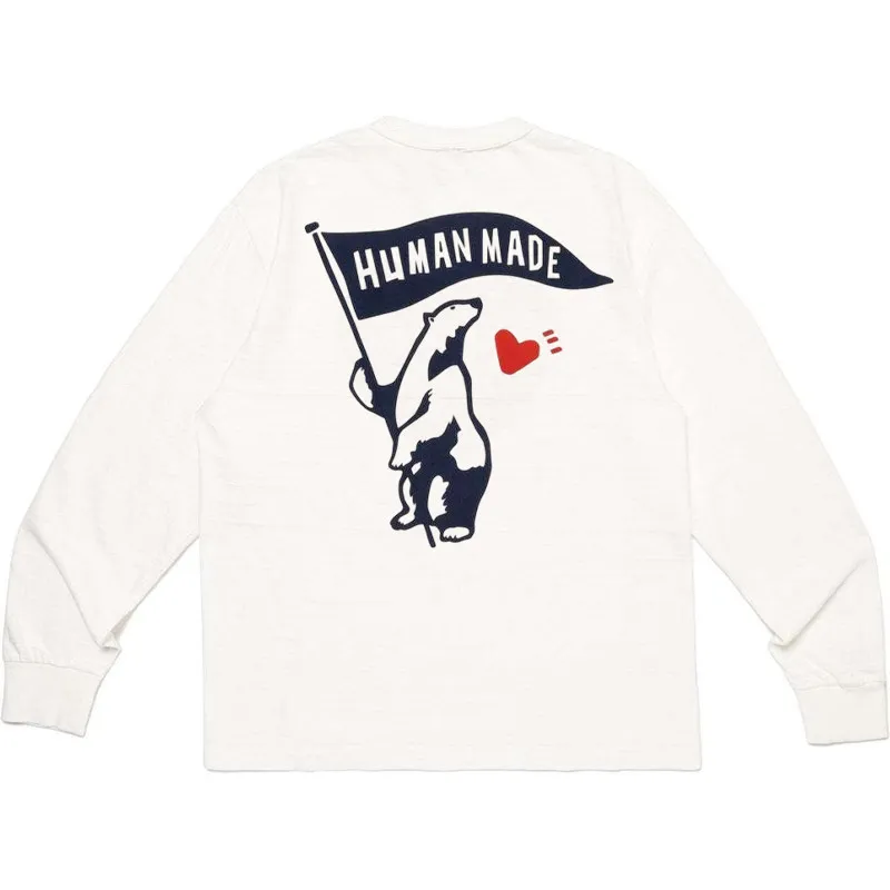 2026 New Human Made White Bear Graphic L/S Tee Relaxed Fit Unisex Streetwear