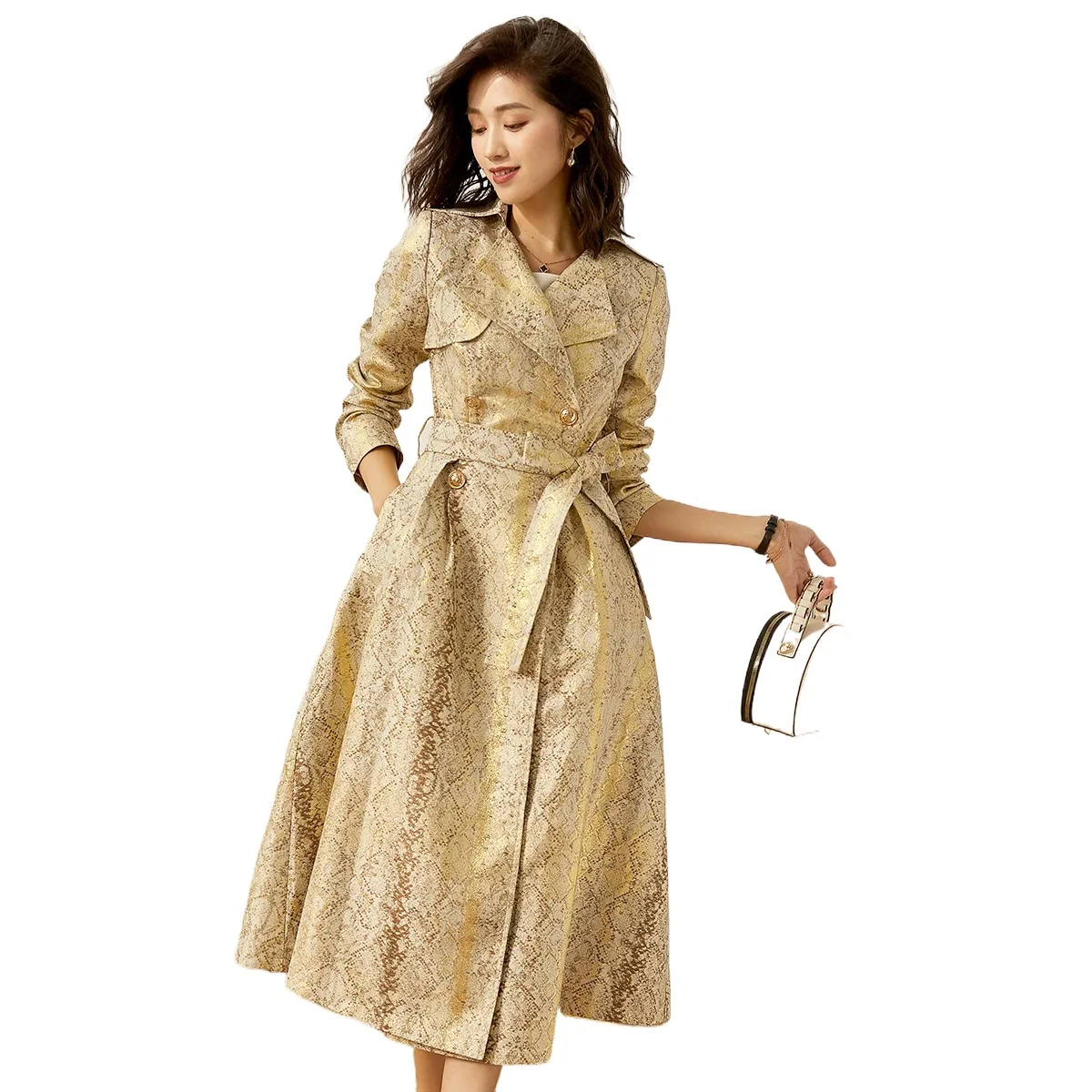 

Винтажная осенне-зимняя жаккардовая куртка, женское длинное пальто с регулируемой талией, двубортная верхняя одежда, плащ с подолом и поясом