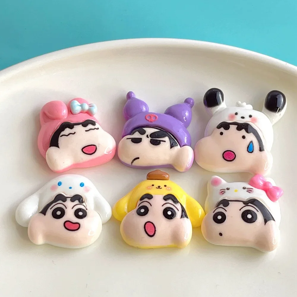 5pcs Cartoon Cross-dressing Crayon Shin-chan Head Cartoon Figure Miniature Diy Crafts Supplies Resin Flatback Cabochons