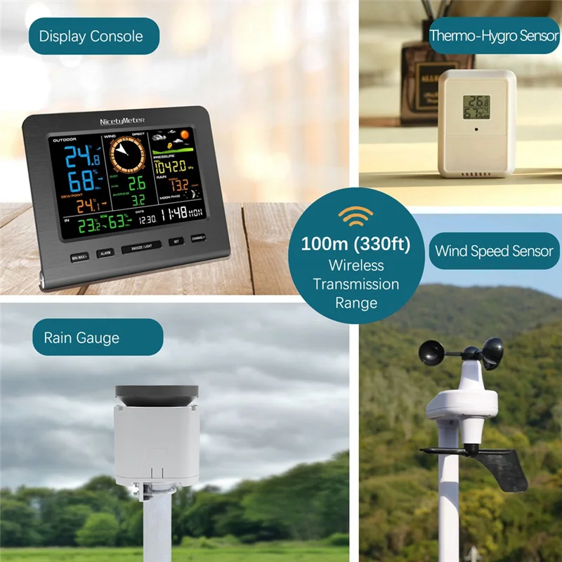 5-In-1 Wi-Fi 기상 관측소 디스플레이 및 풍속 및 방향 강우량 일기 예보 온도 습도-[Qahk]