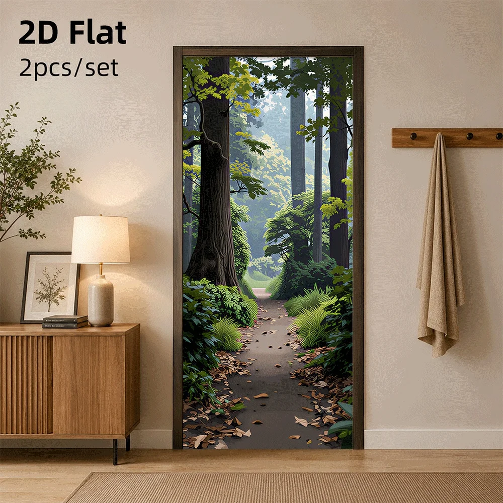 Autocollant de porte en forme de sentier forestier naturel, 1 pièce, matériau auto-adhésif imperméable, décoration de chambre à coucher, salon, entrée, plan 2D