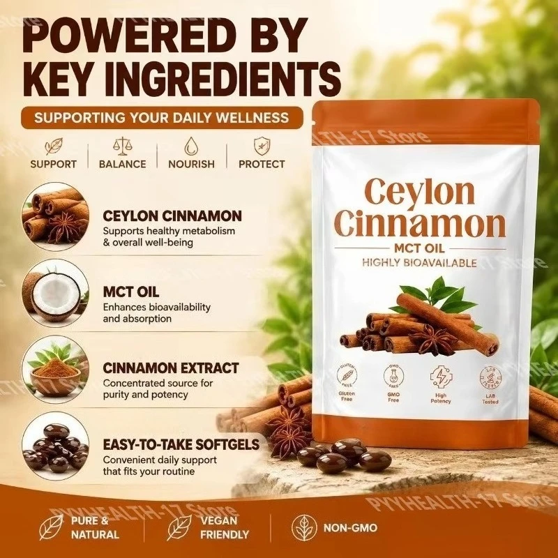 Ceylon Cinnamon Softgels with MCT Oil for Metabolism Support Non-GMO Gluten-Free Vegan for Men Women 30 Softgels