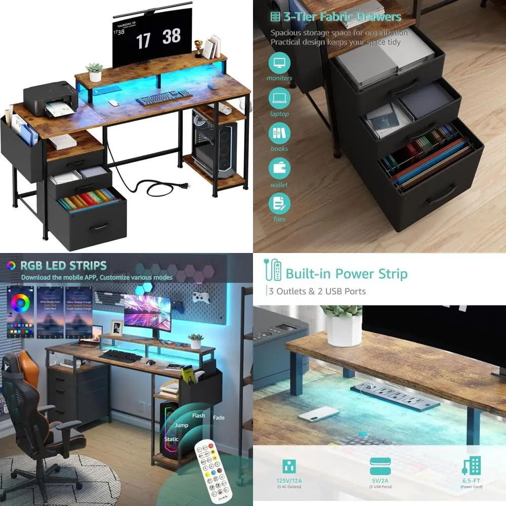 LED-lit 55 Computer Desk with Power Outlets, Fabric Drawers, and Monitor Stand for Home Office in Rustic Brown