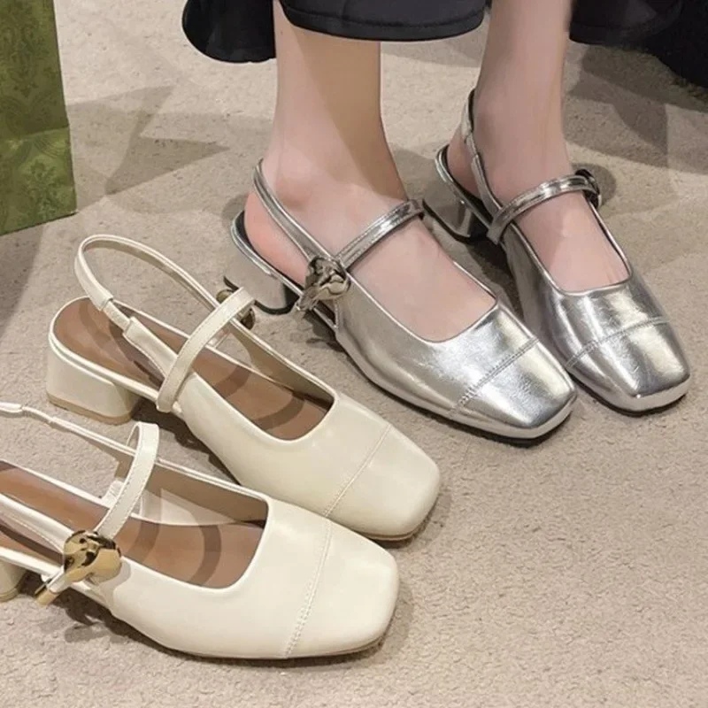 2023 Spring Faux Patent Finish High-heel Shoes With Straps Slingback Fashion Pumps For Women Mary Jane Lovey Square Toe Block