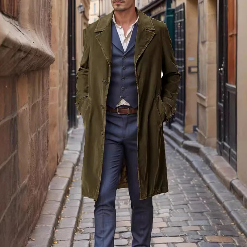 Inglaterra estilo sólido veludo trench coats masculino nova lapela único breasted outono outerwear manga longa meados de comprimento jaqueta de inverno dos homens